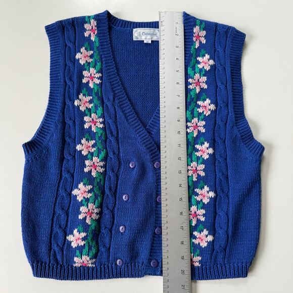 Vintage J. Christopher Sweater Vest Blue Floral Cable Knit Double-Breasted Sz‎ M - Picture 10 of 12